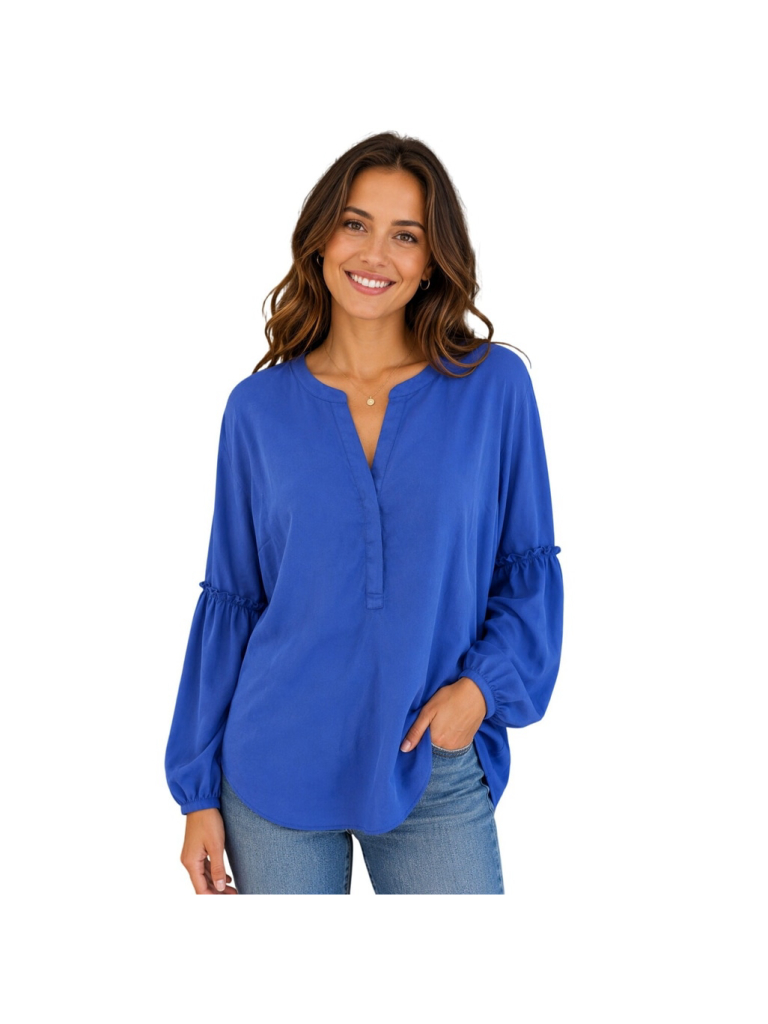 Talbots Royal Blue Long Sleeve Blouse Split Neck Ruffle Sleeve Tunic Peasant Xl